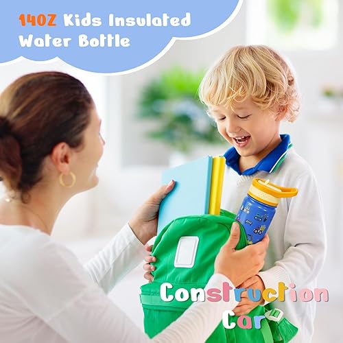 Miniatura 7 de BUZIO Botella de agua para niños de 14 onzas con tapa con popote, botellas térmicas de metal de acero inoxidable aisladas al vacío para niños y