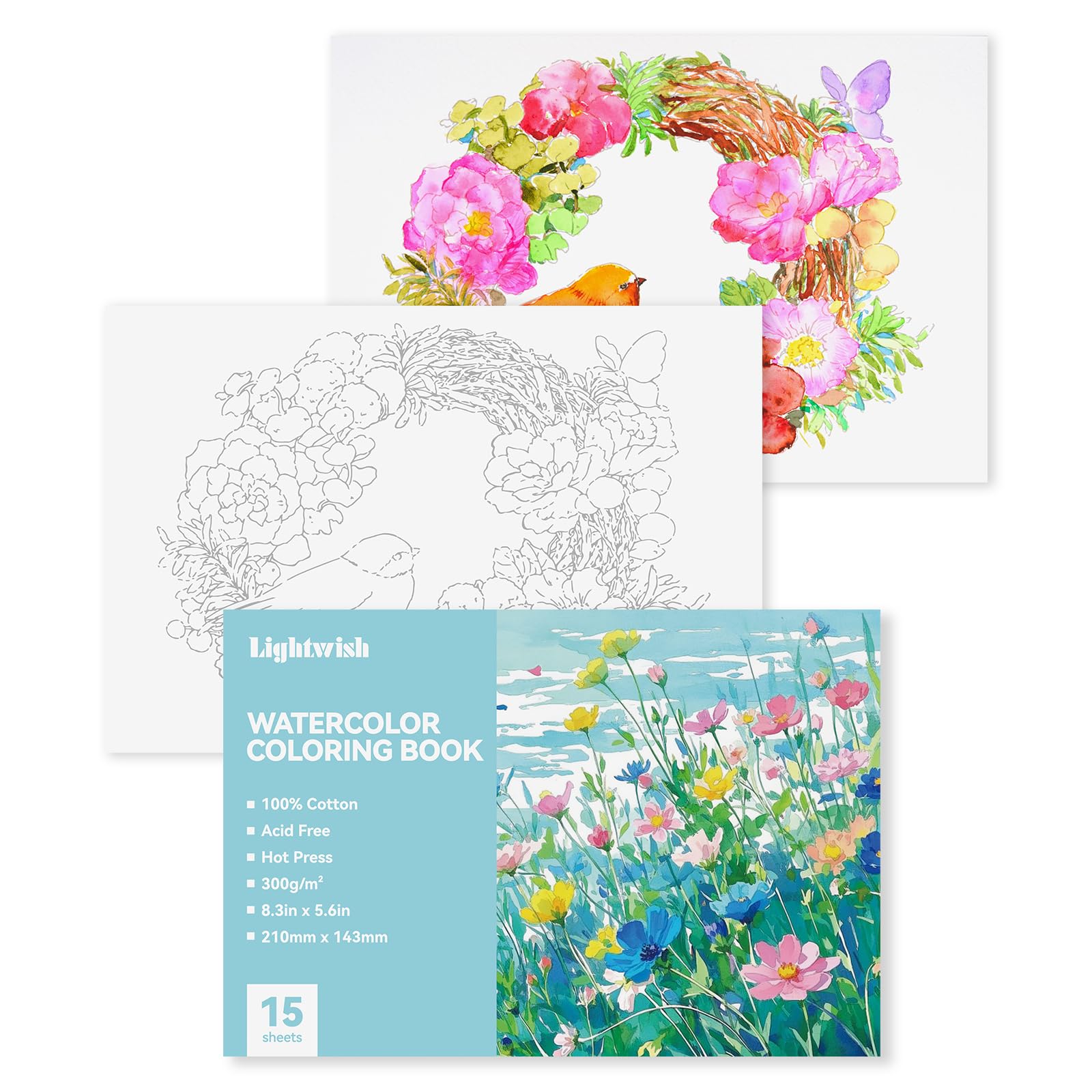 Watercolor Coloring Book for Adults & Beginners - 15 Sheets 100% Cotton 300gsm/140lb Hot Press Paper | 8.3” x 5.6” | Premium Art Sketchbook | Floral Illustrations | Relaxation & Mindfulness Gift