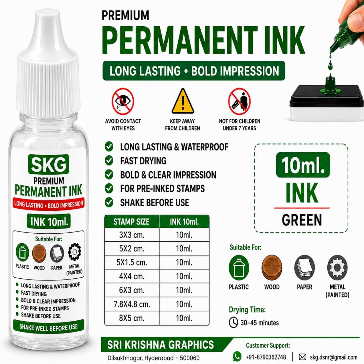10ml Permanent Waterproof Stamp Ink Refill – Fast Drying Ink for Pre-Inked Stamps | Suitable for Plastic, Metal, Wood, Paper & Non-Porous Surfaces | Blue