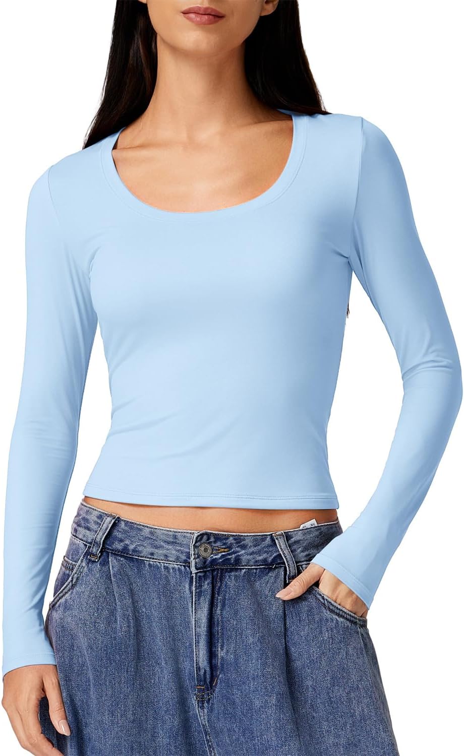 QINSEN Women's Crew Neck Long Sleeve Crop Top Double Lined Slim Fit Y2k T Shirts