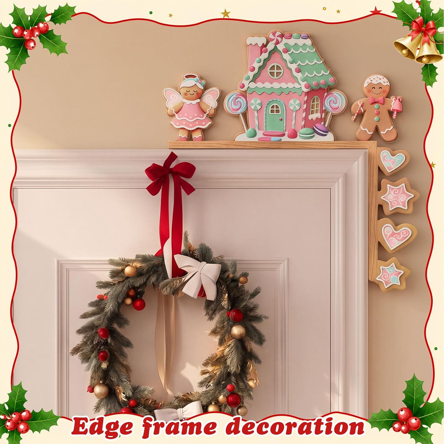 Yaocom 11.8 x 11.8 Metal Happy Christmas Door Topper, Pastel Gingerbread