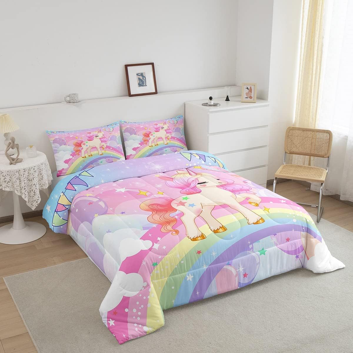 Feelyou Unicorn Girls Bedding Set Toddler Size Rainbow Kids Pink Unicorn Comforter Set Kawaii Cute Reversible Stars Quilt Comforter Teens Children Adults Cartoon Unicorn Room Decor All Season