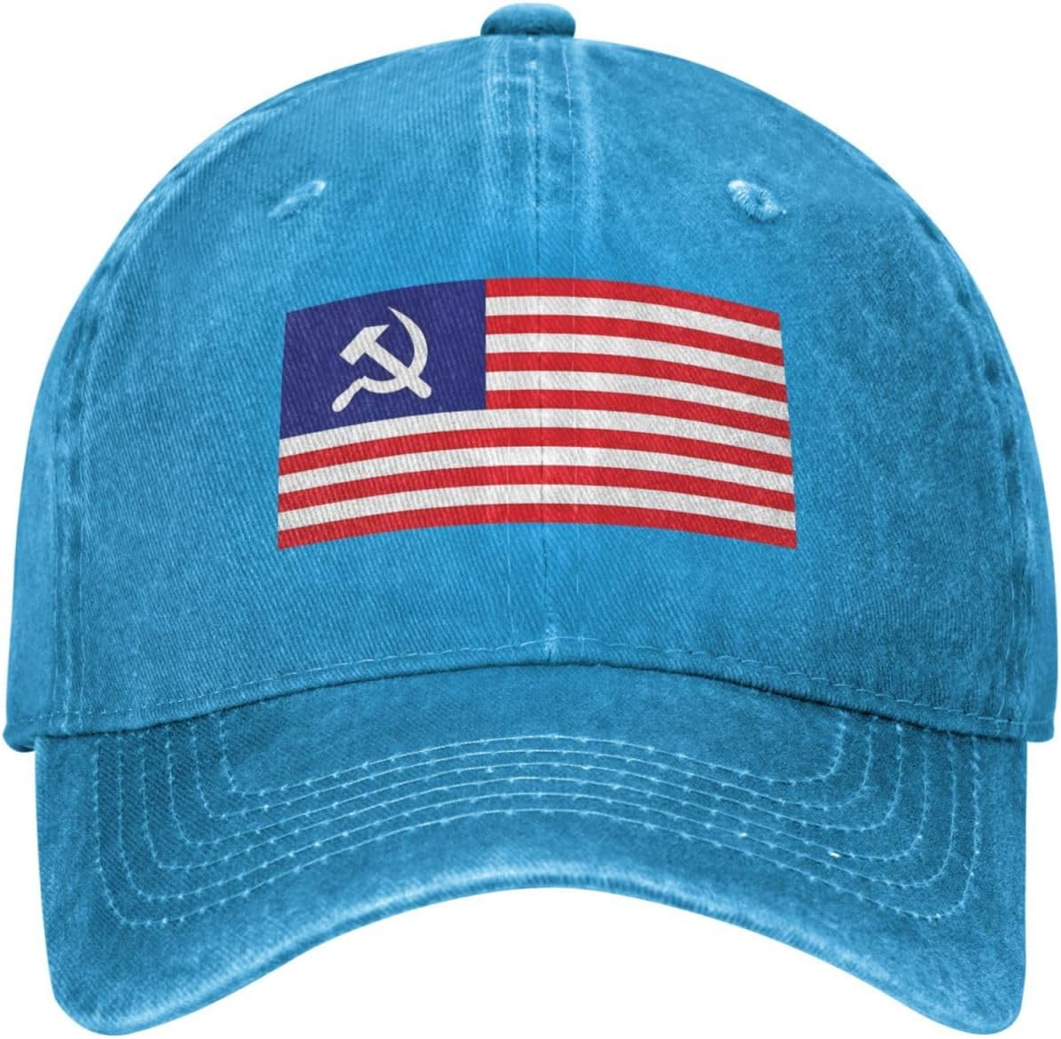 Hammer and Sickle American Flag Vintage Washed Dad Hat - Adjustable Denim Baseball Cap for Men and Women