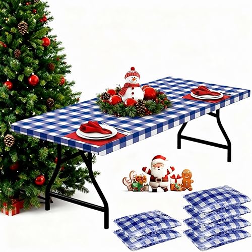 Boao 6 manteles de plástico de 72 x 30 pulgadas para mesas de 6 pies, manteles desechables a cuadros con elástico ajustable elástico para