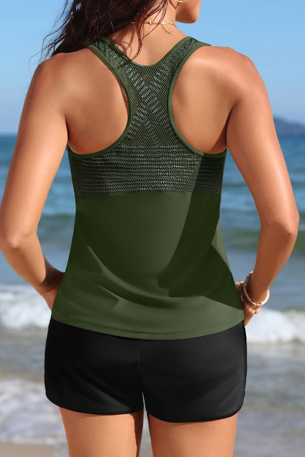 Women 3 Piece Tankini Swimsuit - Mesh Racerback Tank Top with Sports Bra and Pocketed Boyshorts Athletic Bathing Suits - Image 7