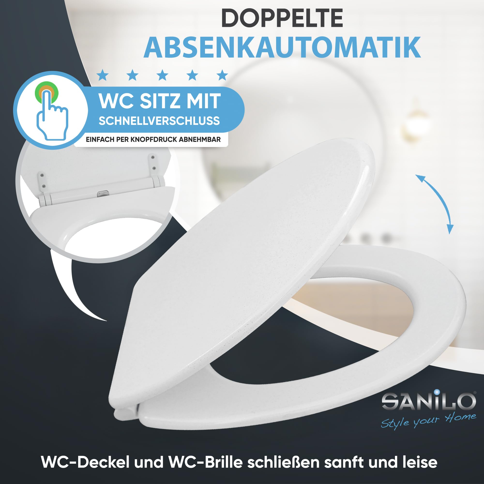 Sanilo WC Sitz mit Absenkautomatik & Quick-Release aus Holz, Glitzer Weiß