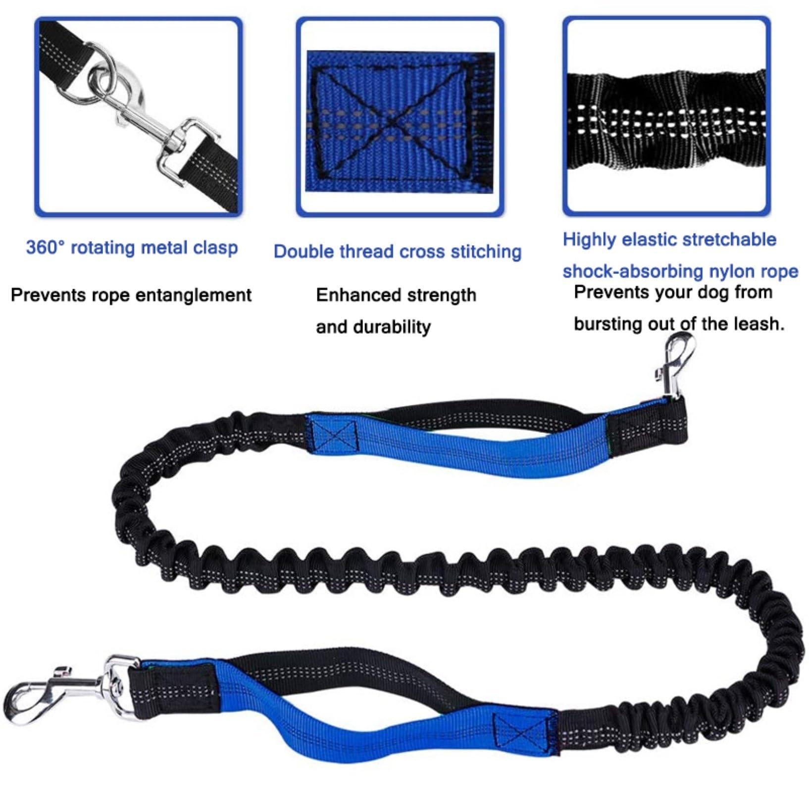 Laisse rétractable mains libres pour chien avec ceinture réglable, idéale pour la course à pied, la marche, la randonnée, le jogging et le vélo Bleu