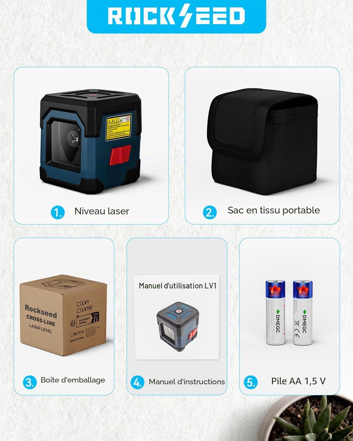 Niveau Laser Vert, RockSeed Cross Line Laser avec Auto-nivellement, Lignes Verticales et Horizontales, Rotatif à 360 Degrés, Pochette de Transport, Batterie Incluse