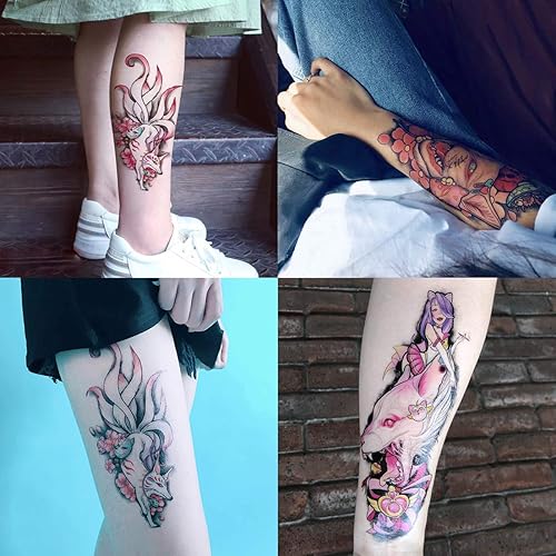 Miniatura 4 de Oottati 6 hojas de calcomanías de tatuaje temporal de gato de tigre, nueve colas, zorro, esfinge, rosa, para brazo y pierna