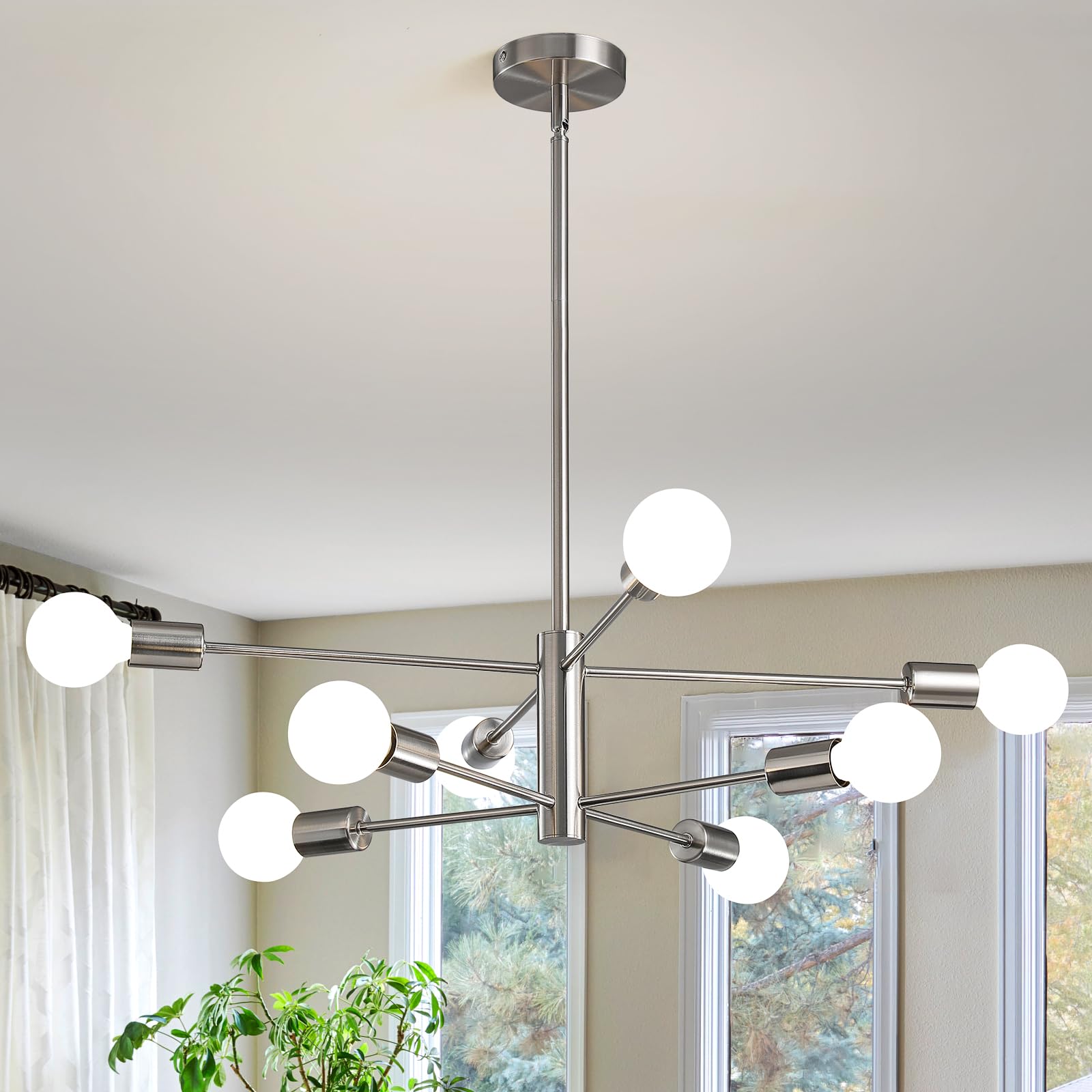 modern sputnik chandeliers light, 8 lights brushed nickel dining room chandelier over table, e26 mid century ceiling light fixtures height adjustable hanging pendant lighting for entryway foyer