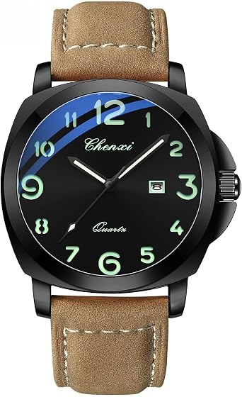 Watches Men Quartz Digital Dial Business Casual Calendar Luminous Waterproof Strap Wrist Watch, 03 black-brown leather, Fashion