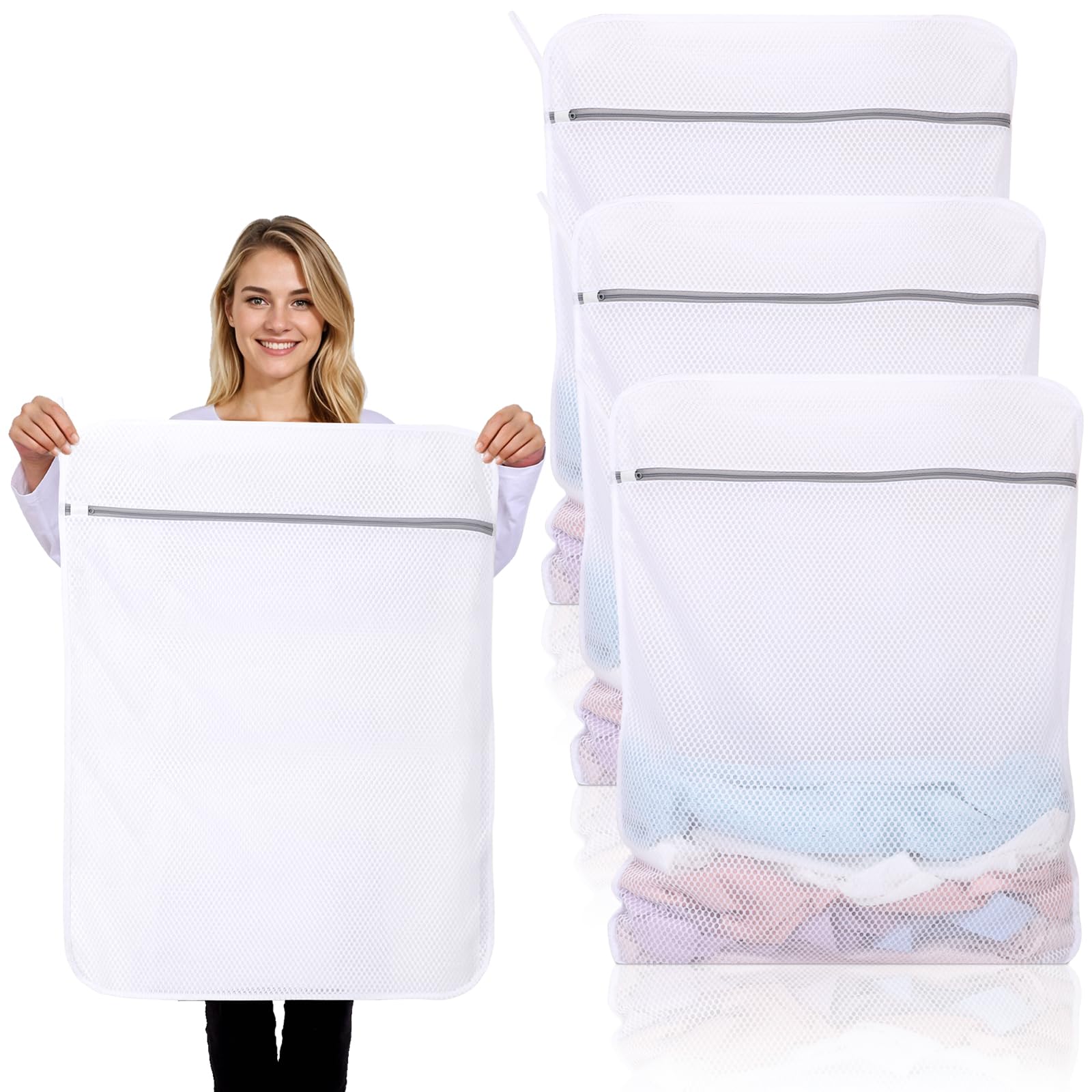 Dntorx 3 Stück Wäschesäcke mit Wabenstruktur, XXL 60 x 80 cm Wäschenetz für Waschmaschine Wäschesack Waschmaschine mit Reißverschluss Wäschebeutel für Feinwäsche BH Socken Unterwäsche