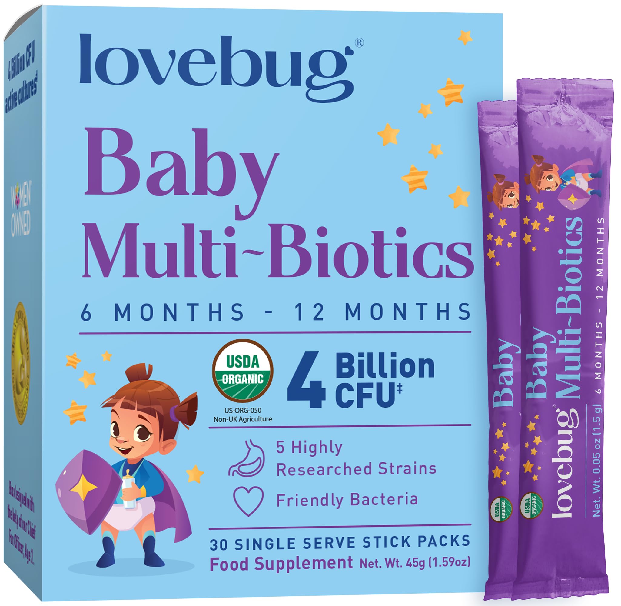 Lovebug Baby Multi-Biotics for Babies - Organic Formula for Baby 6-12 Months Organic, Sugar-Free, Tasteless Powder, 30 Pack