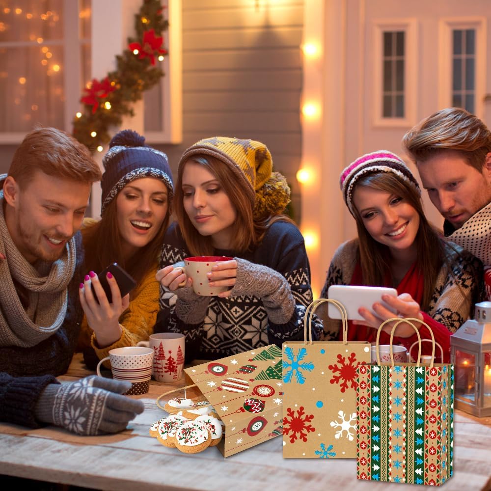 Vellibring 24pcs Christmas Kraft Gift Bags,Xmas Paper Bags with Handle Goody Bags Medium Xmas Assorted Paper Christmas Prints Bags for Holiday Party Decor Favors Supplies - Image 8