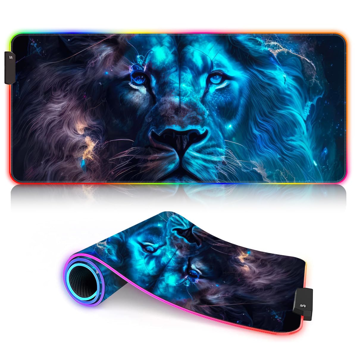 Tapis de Souris de Jeu RGB LED Doux Extra étendu, Grand Clavier et Tapis de Souris avec 14 Modes d'éclairage, Base étanche pour Joueur, Lion céleste Bleu 39,9 x 89,9 cm