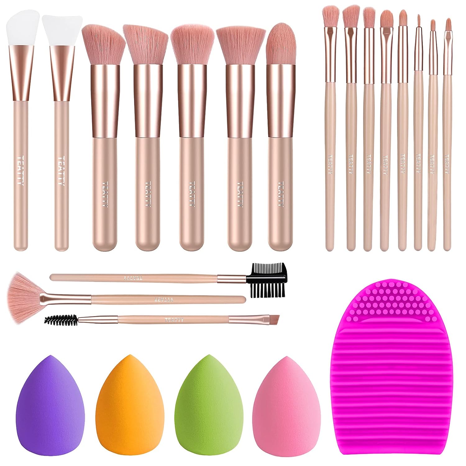 TEATTY Makeup Brush Set, 18pcs Makeup Brushes with 4 Blender Sponges & 1 Brush Cleaner Round Powder Foundation Concealer Eye Shadow Kabuki Blush Pink Makeup Brush Kit (Pink)