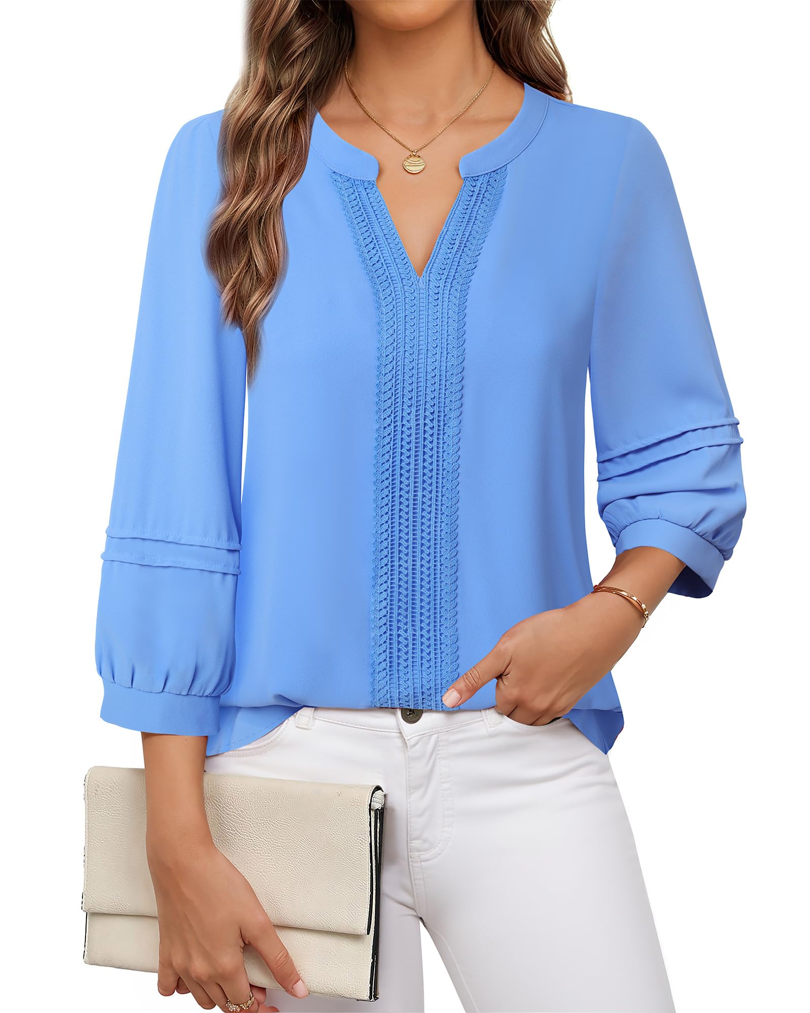 Unixseque Womens Casual Blouses 3/4 Sleeve V Neck Business Tops Ladies Trendy Office Work Shirts