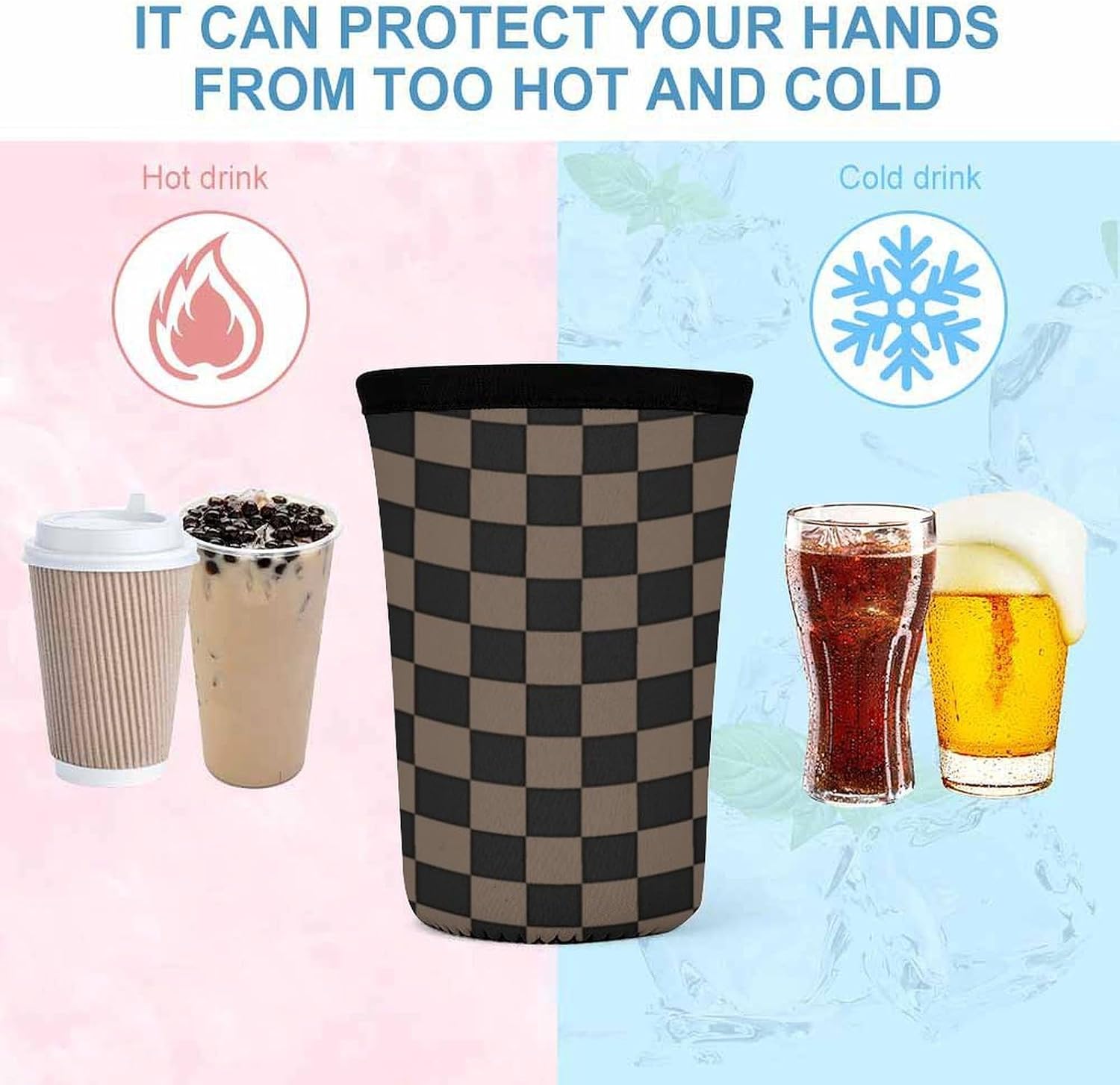 Checkered Black Brown Coffee Cup Sleeve - 3Pcs Black Brown Checkered Sleeveoffee Reusable Neoprene Insulator Sleeves Suitable Iced Coffee Cups Sleeve 16-32 Oz For Hot And Cold Drinks Cups Sleeves image 5