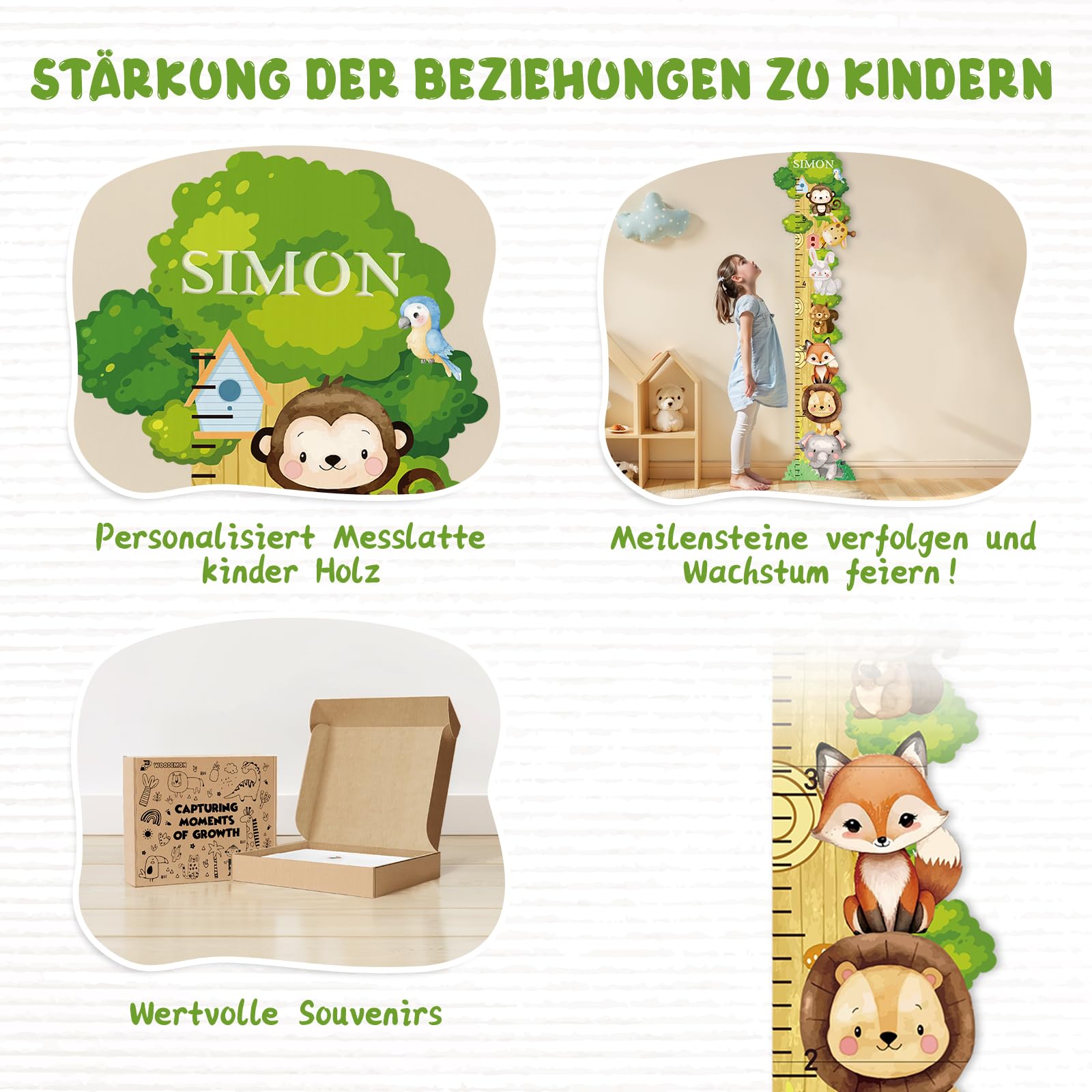 Personalisiert Messlatte Kinder Holz für Baby- & Kleinkinderzimmer mit Namen, Abnehmbares Messlineal für Baby-Messlatte für Schlafzimmer, Wanddekoration (Waldtiere)
