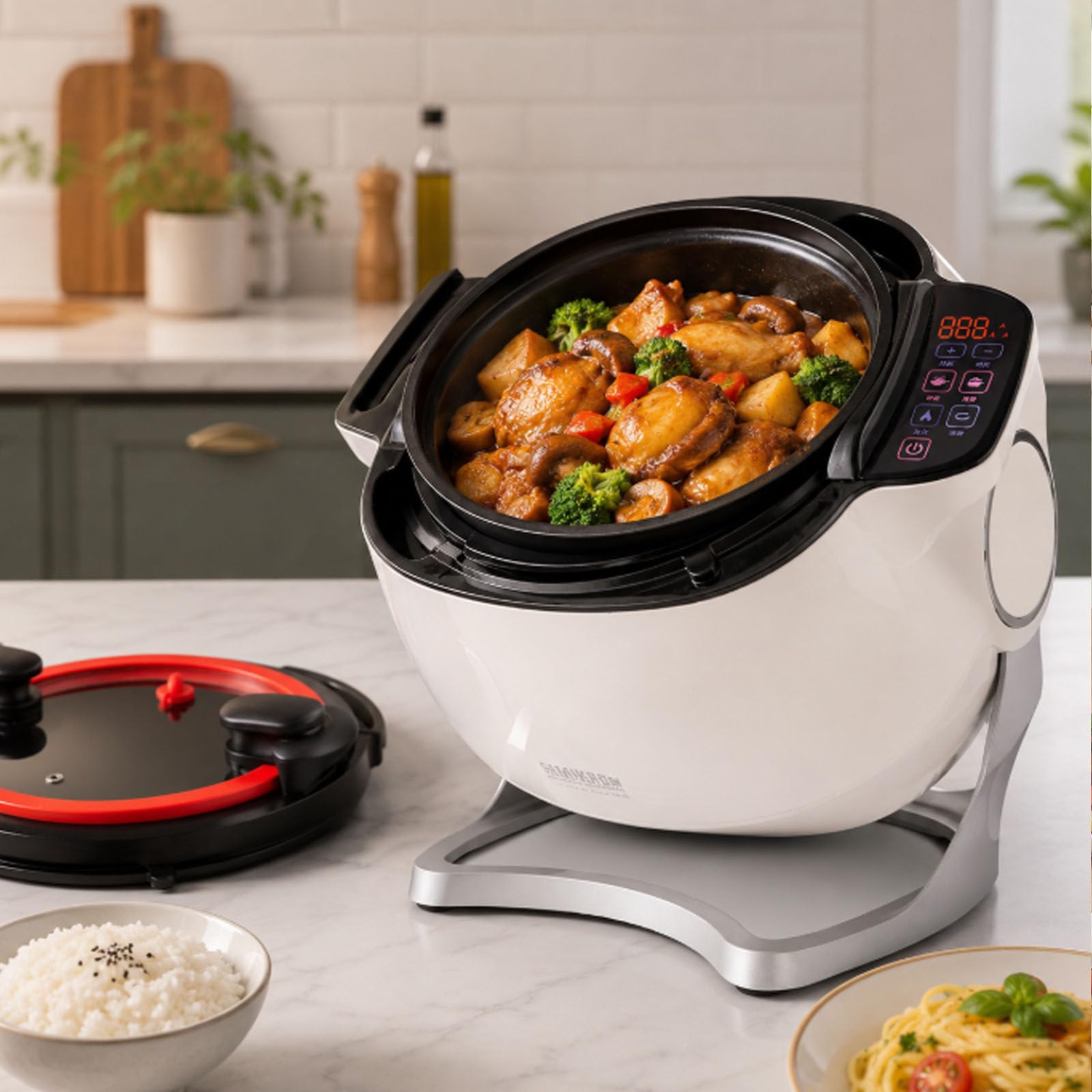 Robot da cucina da 2000 W, 6 litri, con rotazione a 360°, riscaldamento 3D a tutto tondo, fornello a tamburo con touch screen intelligente