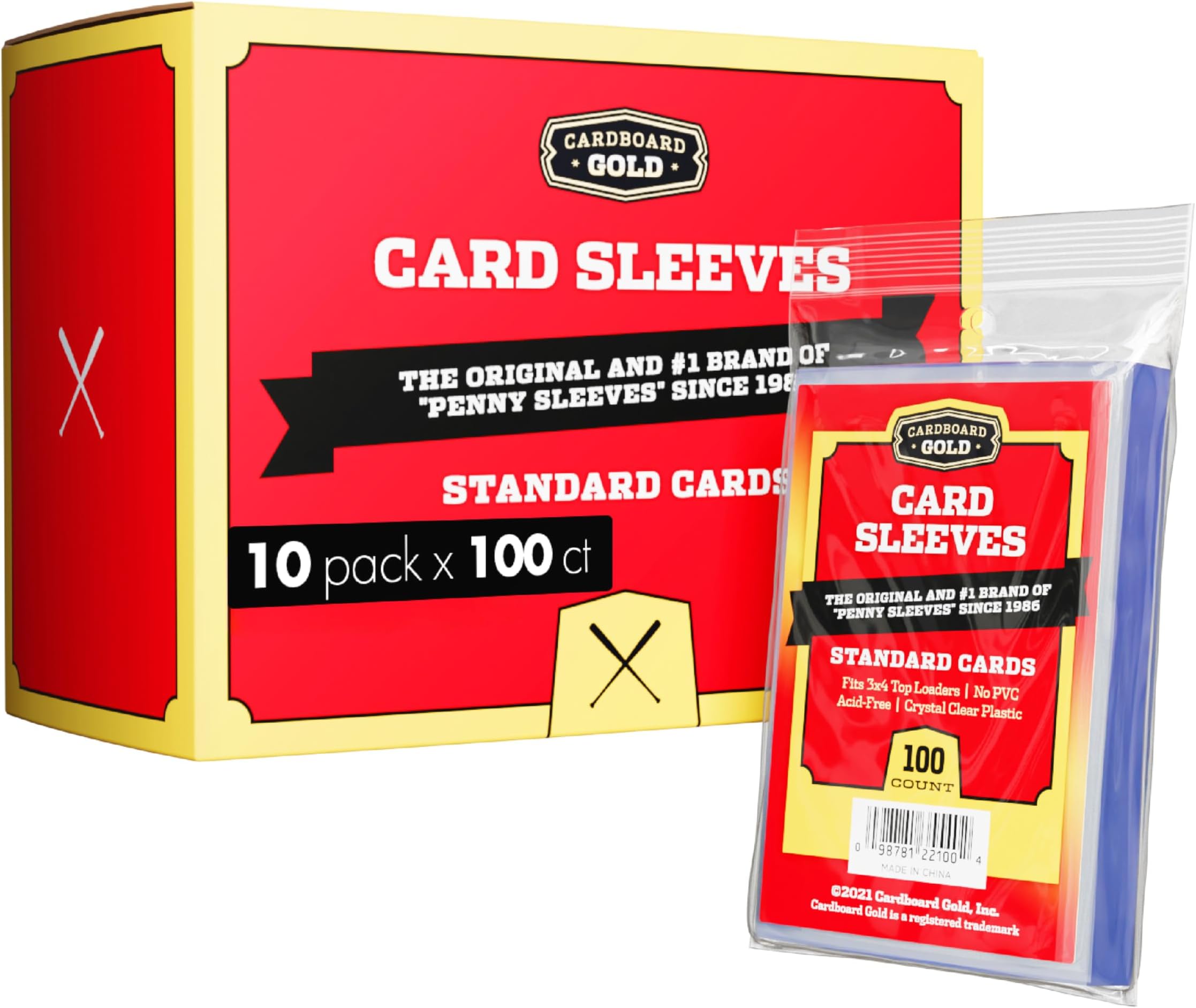 Cardboard Gold Penny Sleeves for Trading Cards - 1000 Count Card Protector Sleeves with Durable, Crystal-Clear Plastic for Baseball, Sports, Collector, Standard-Sized Cards 2-5/8” x 3-5/8” (67x94mm)