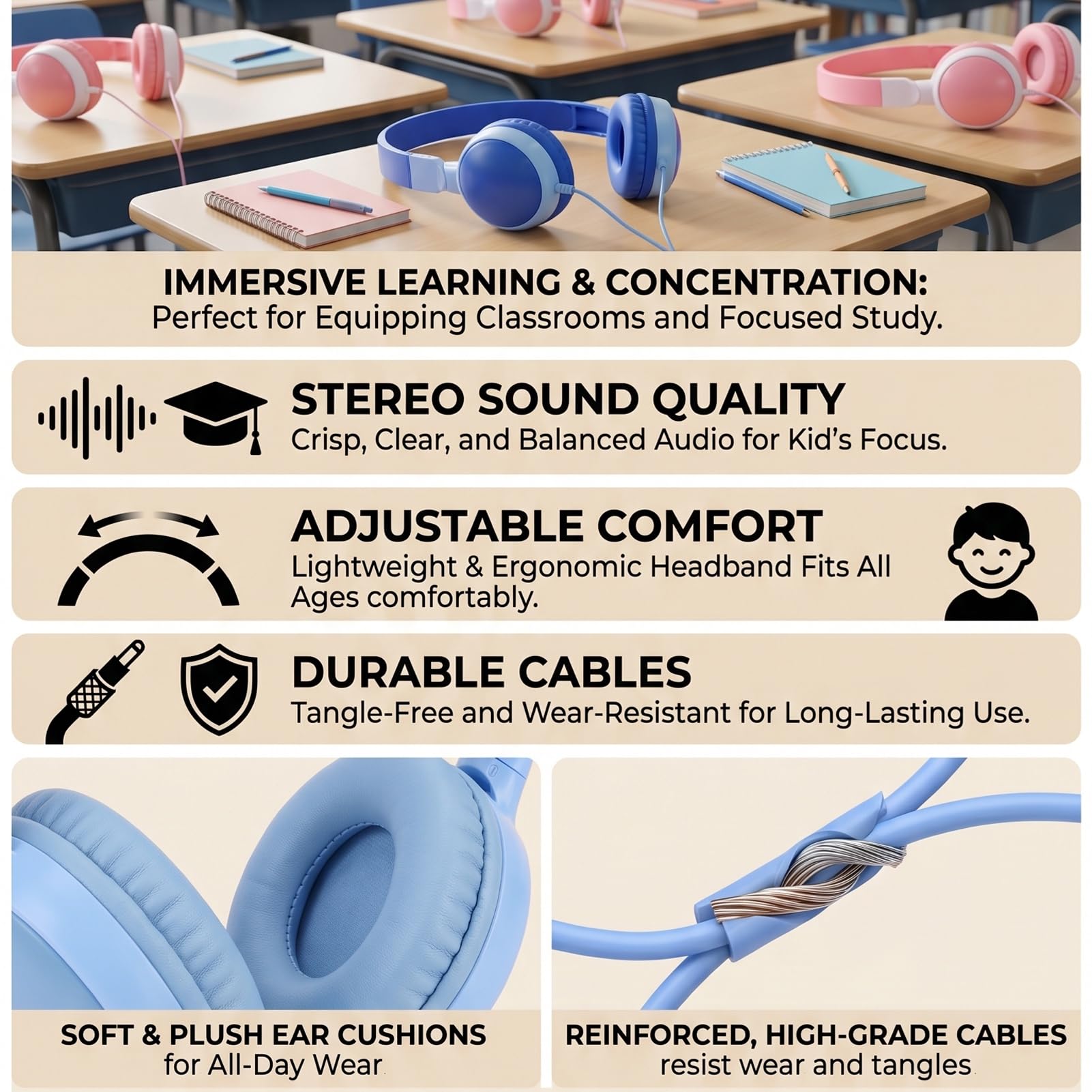 AMONIDA Cuffie per Bambini Confezione da 12, Cuffie con Cavo da 3,5 Mm, Archetto Regolabile, Morbido Cuscino, Suono Stereo per Viaggi con Laptop in Aula Scolastica