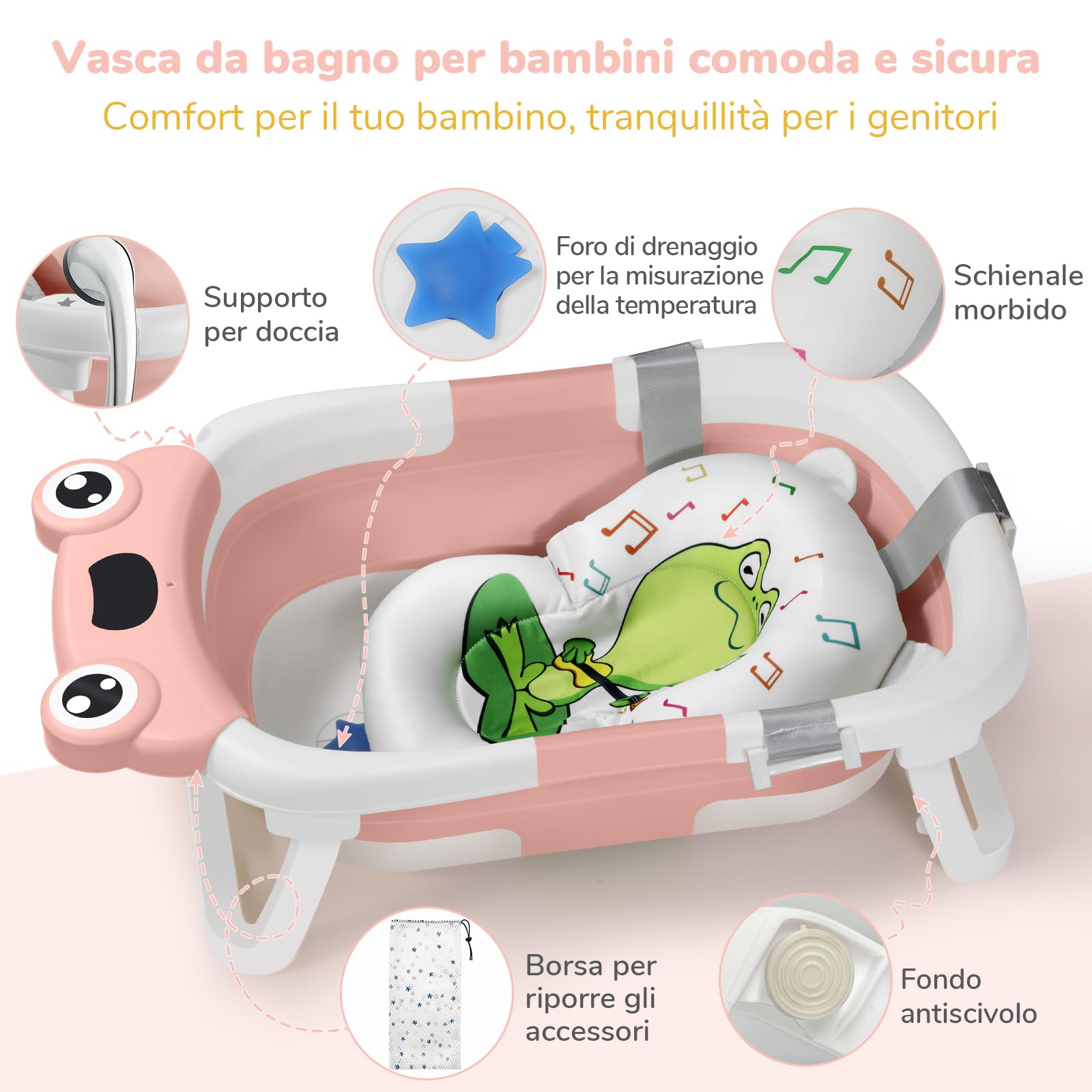 DEANIC Vaschetta Bagnetto Neonato, Vasca Neonato Bagnetto Con Cuscino, Riduttore Vaschetta Bagnetto Neonato Da 0-25 Mesi, Appendibile Pieghevole Salvaspazio (Rosa)