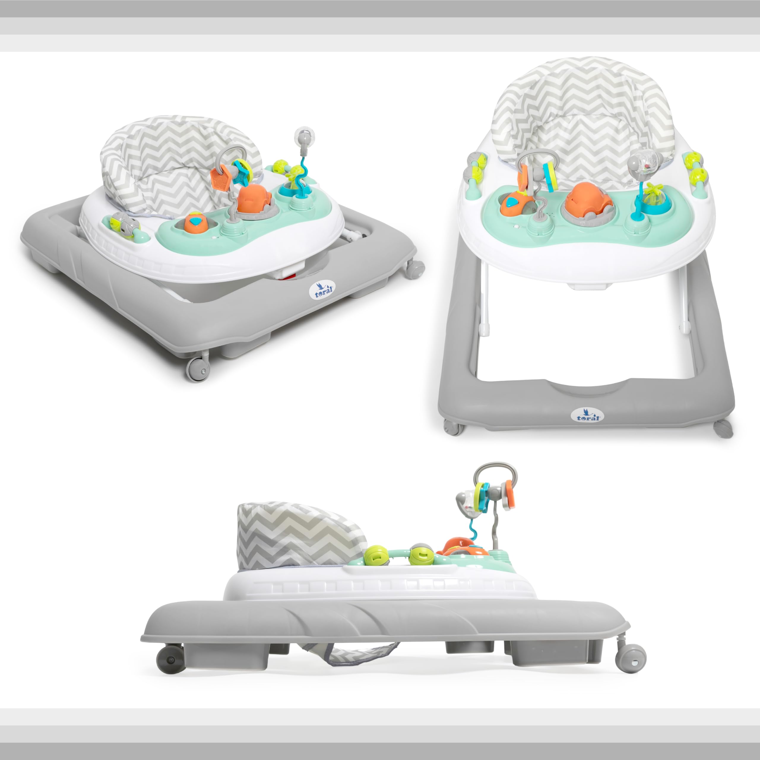 Toral Andador Bebes con Bandeja de Juegos y Altura Ajustable, Seguro Anticaídas, Correpasillos Bebe 1 Año, Tacata Bebe Ideal para Aprender a Caminar - Andador Bebe Modelo Sonajero Gris