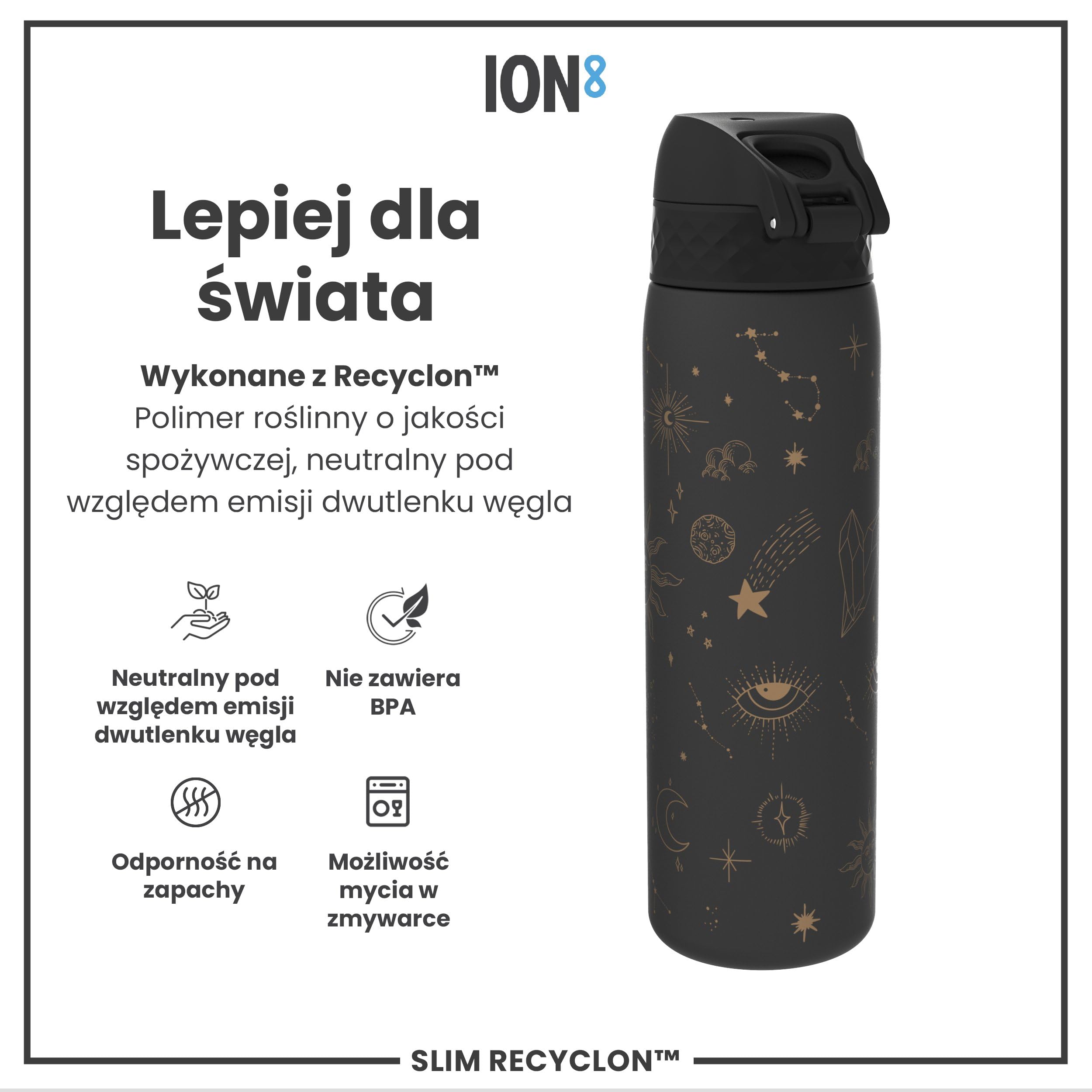 ION8 Butelka na Wodę, 500 ml/18 oz, Szczelna, Łatwe Otwieranie, Bezpieczny Zamek, Można Myć w Zmywarce, Bez BPA, Higieniczne Pokrycie, Uchwyt do Przenoszenia, Łatwa Czyszczenie, Kosmiczny Wszechświat