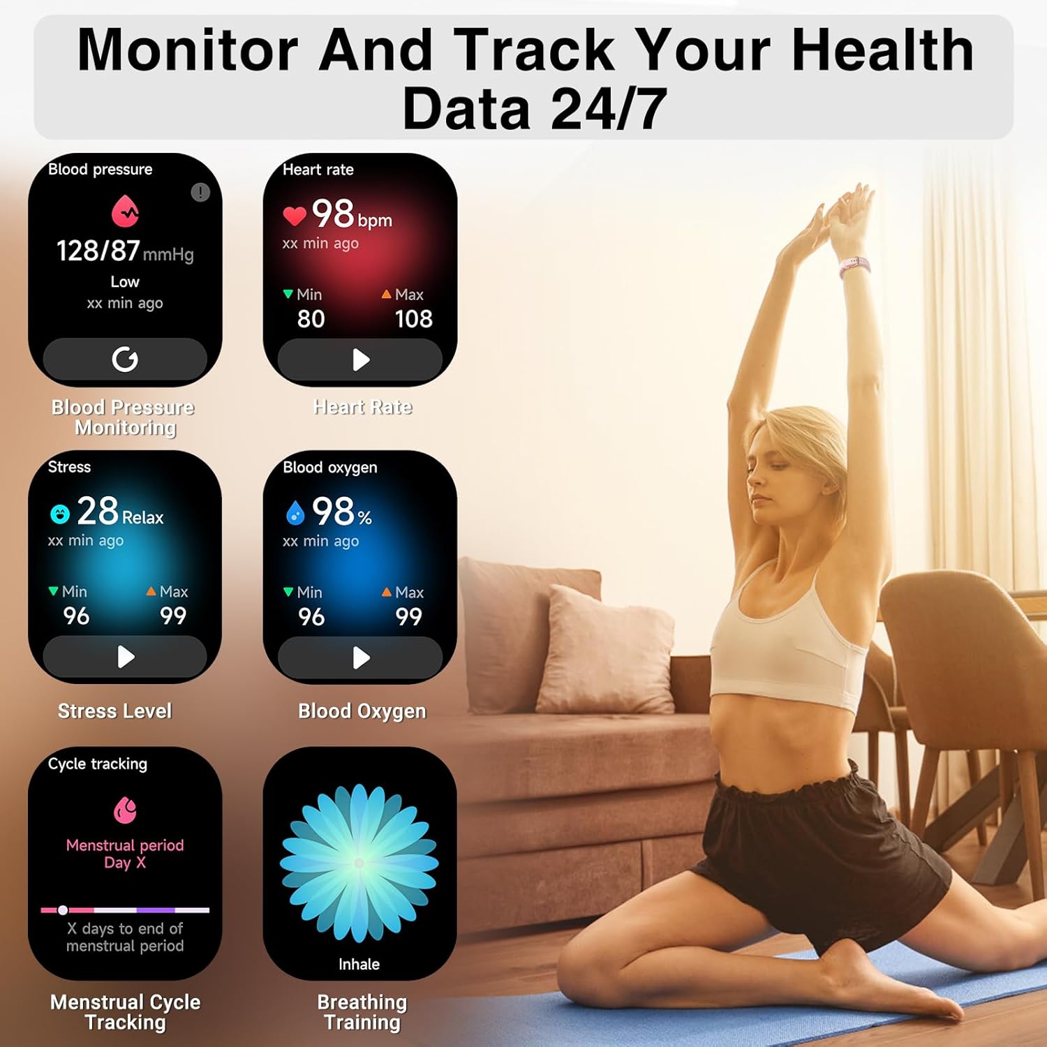 YMZ GTX13 Smartwatch displaying various health monitoring data