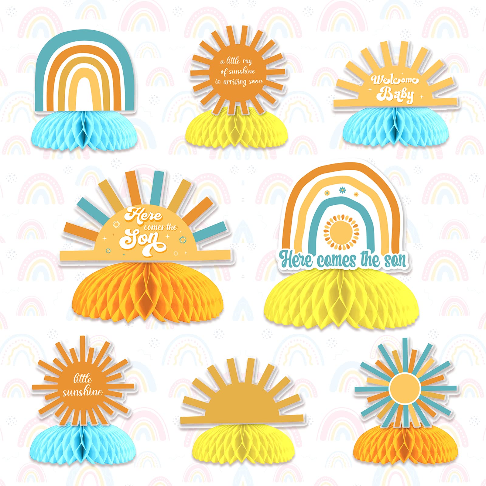 Kreatwow 8PCS Here Comes the Sun Baby Shower Honeycomb CenterpieceHere Comes the Sun Baby Shower Decoration for Boys Sunshine Theme Table Decorations Honeycomb Centerpieces for Gender Reveal