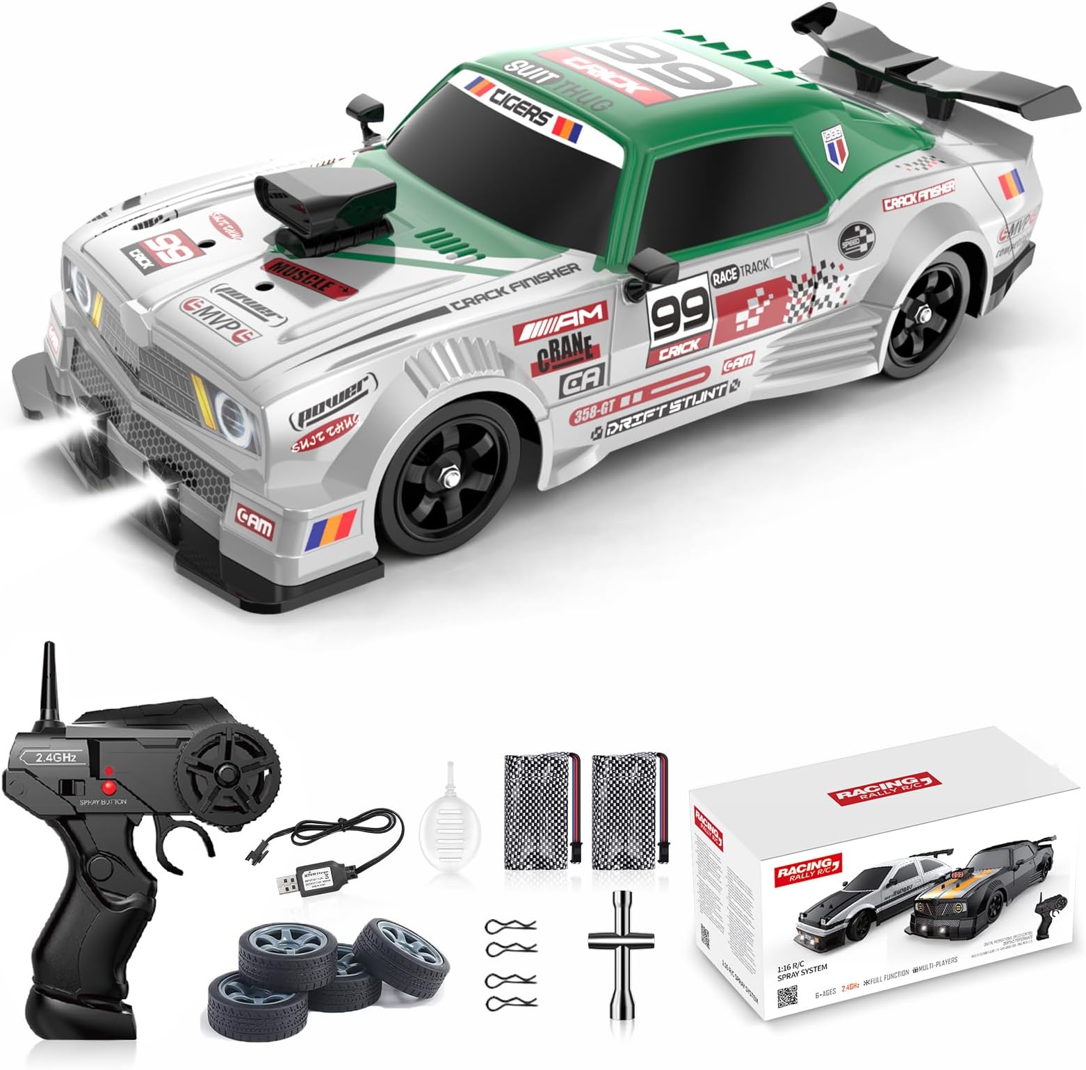 RC Drift Car 1:16 Scale 4WD High Speed Remote Control Cars Vehicle 2.4GHz with LED Lights Two Batteries and Drifting Tires Racing Sport Toy Cars for Adults Boys Girls Kids