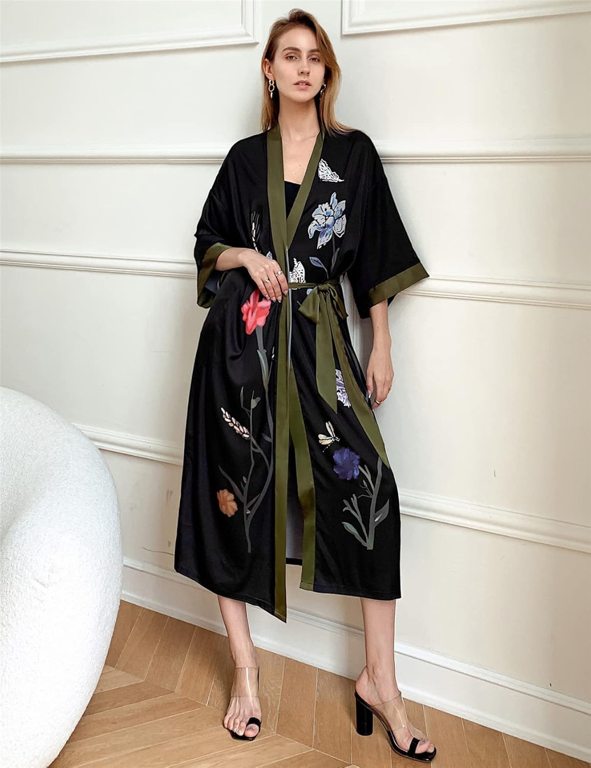 Horezsie Women's Long Silk Robes Long Satin Robes Long Kimono Robes Floral Silky Bathrobes Dressing Gown, One Size - Image 3