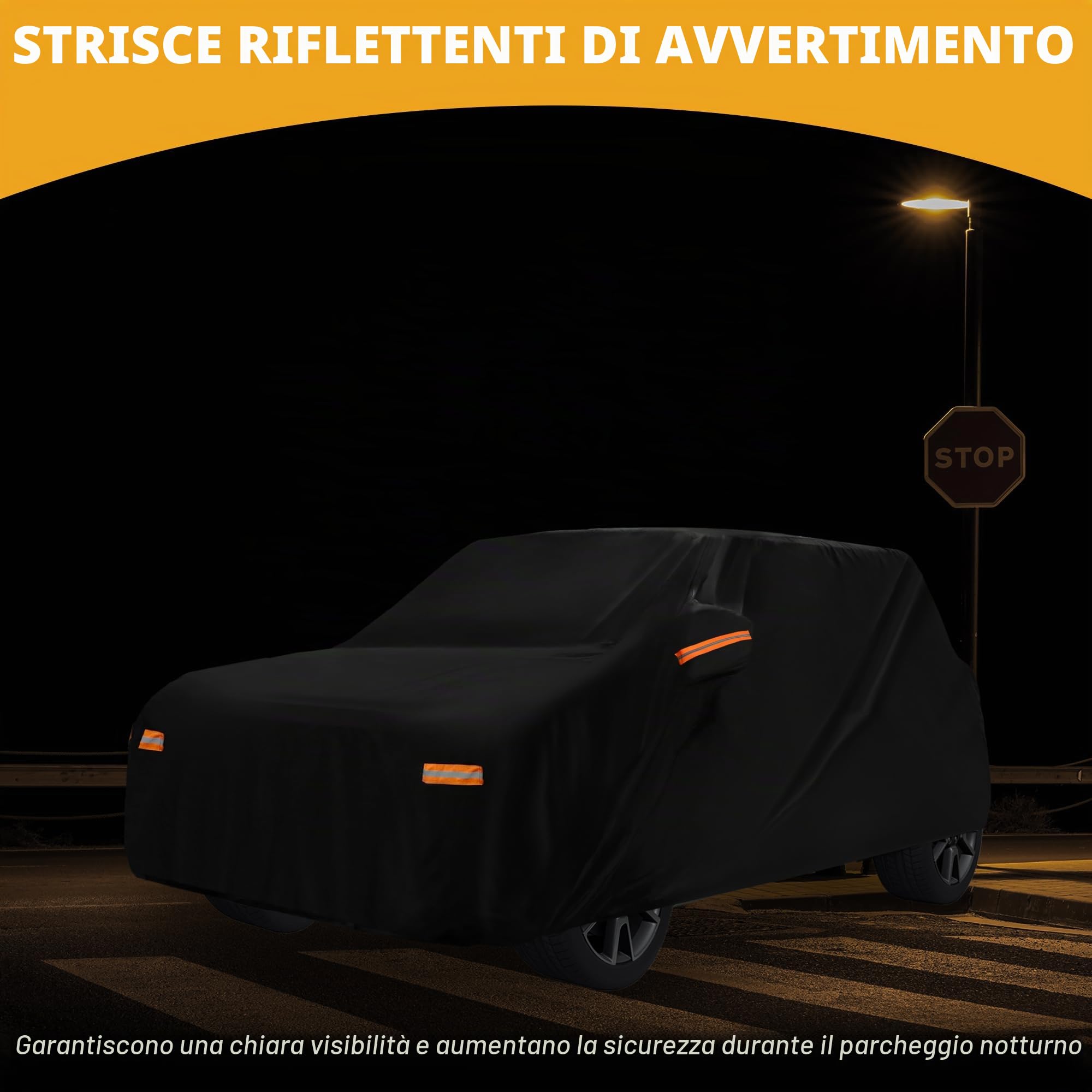 Copertura Auto Impermeabile Per Fiat 500 2007-2022 1 Pezzo | Colore: Nero, Materiale: 190T-PU, Dimensioni: 380x170x135cm, Cerniera Cabina, Cavo Elastico, Strisce Riflettenti