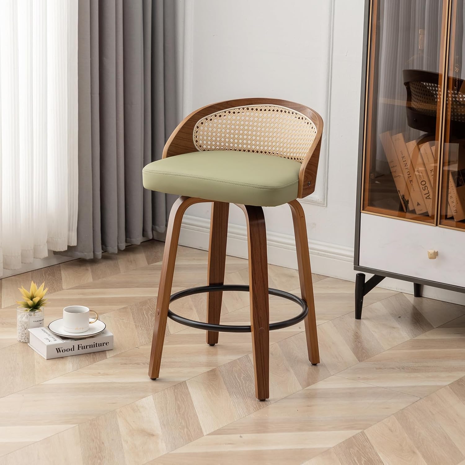 26" Swivel Rattan Bar Stools Set of 2,Mid-Century Modern Green Faux Leather Upholstered Counter Height Stools,Kitchen Island Barstools with Rattan Low Backrest,Walnut Wood Finish Bar Chairs