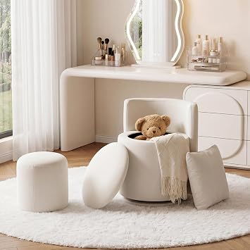 FOXHUNTER 360 Swivel Vanity Stool with Storage, Ottoman and Pillow, Beige