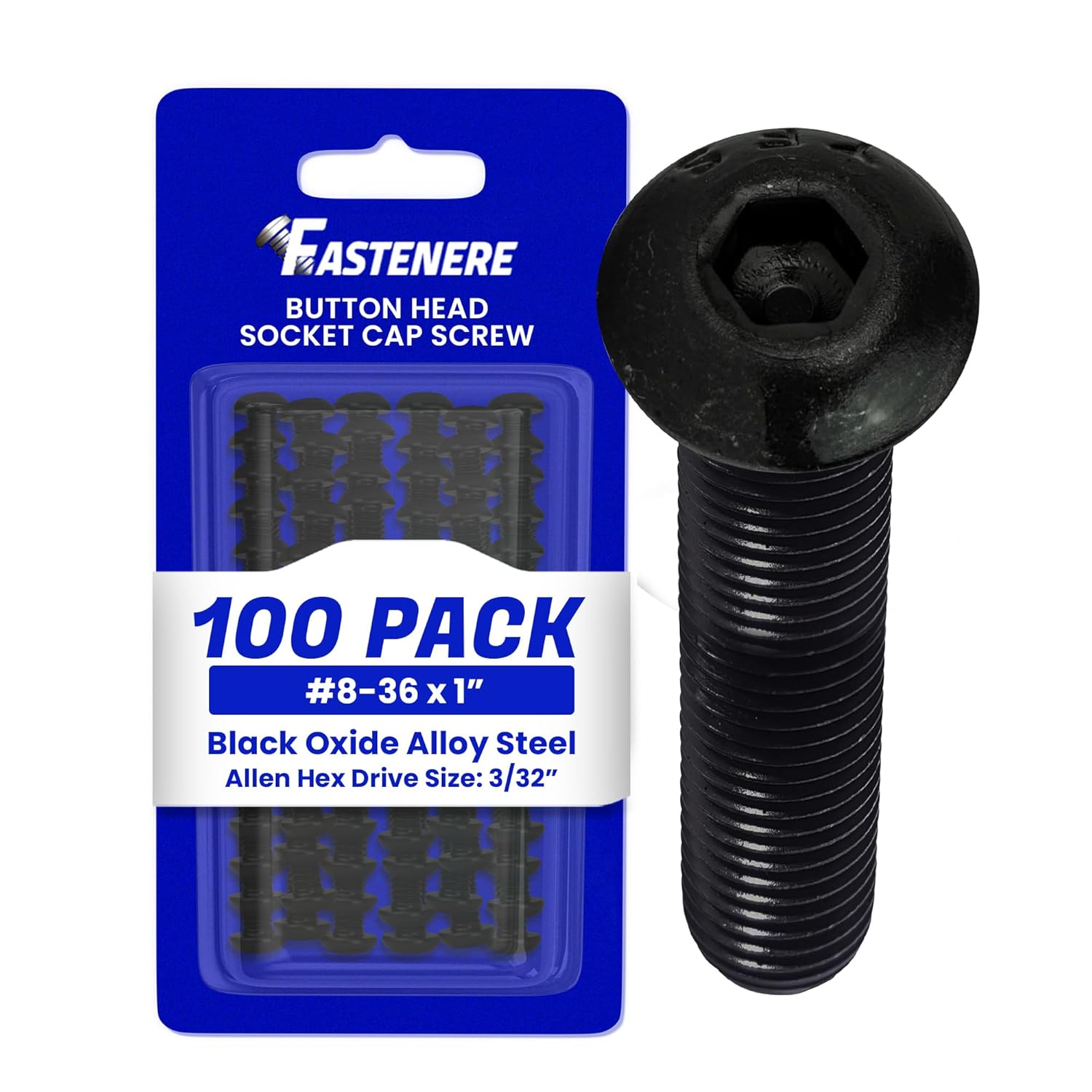 Fastenere Button Head Socket Cap Screws - 8-36 x 1 (100-Pcs) Alloy Steel, Fully Threaded, Fine Black Oxide Finish, Corrosion-Resistant, Machine Thread, Easy to Install w/Allen Hex Drive