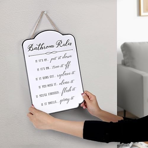 Miniatura 3 de LIVDUCOT Letrero de metal con reglas de baño, divertida decoración de pared de baño de invitados, perfecto para decoración de medio baño, esmalte