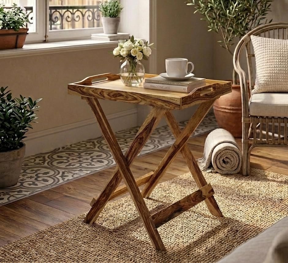 Solid Sheesham Wood Folding Coffee Table, End Table with Removabl...
