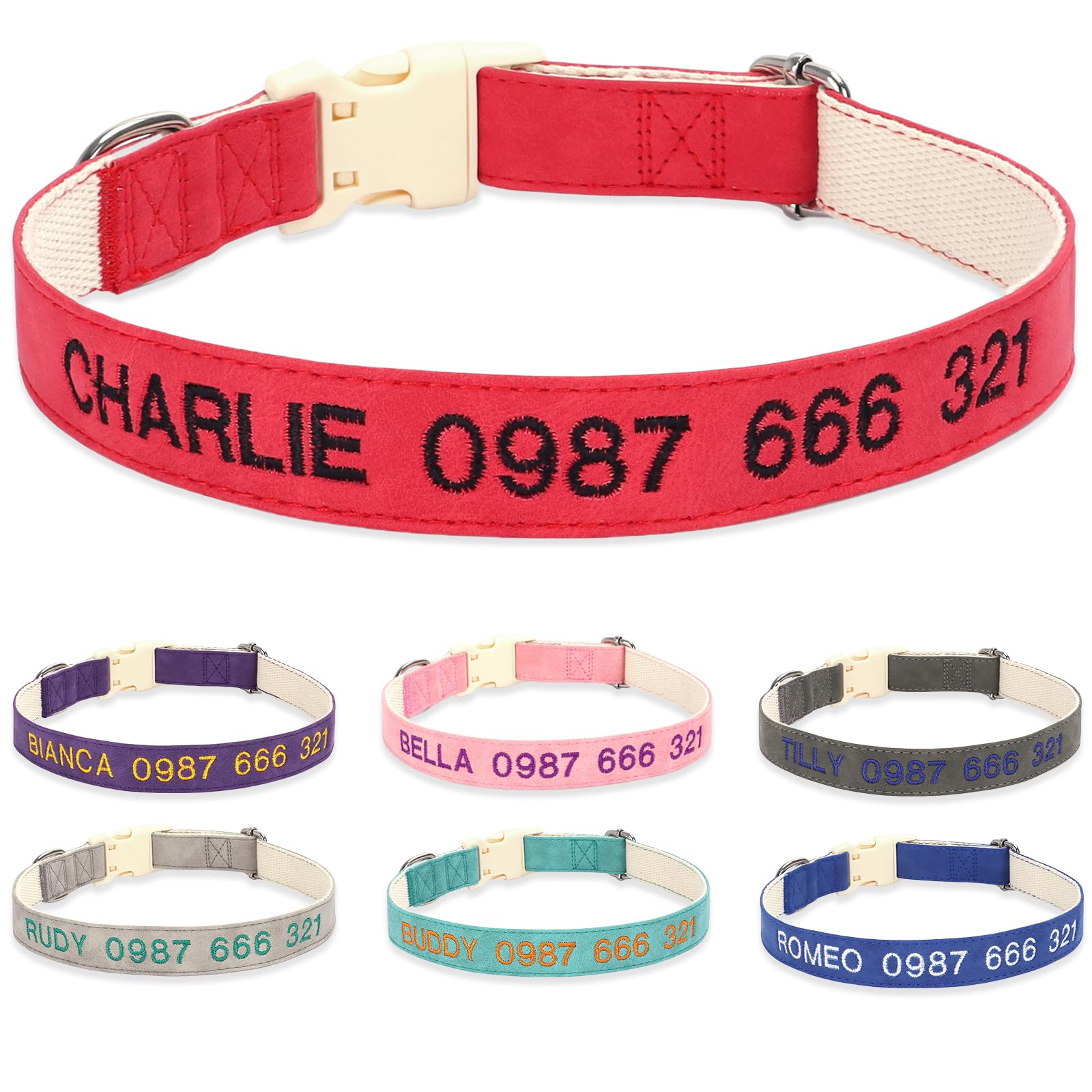 Personalized Embroidered Adjustable Dog Collar with Soft Leather Pad – Customizable Name & Phone-Adjustable for Small Medium Large Dogs,Red