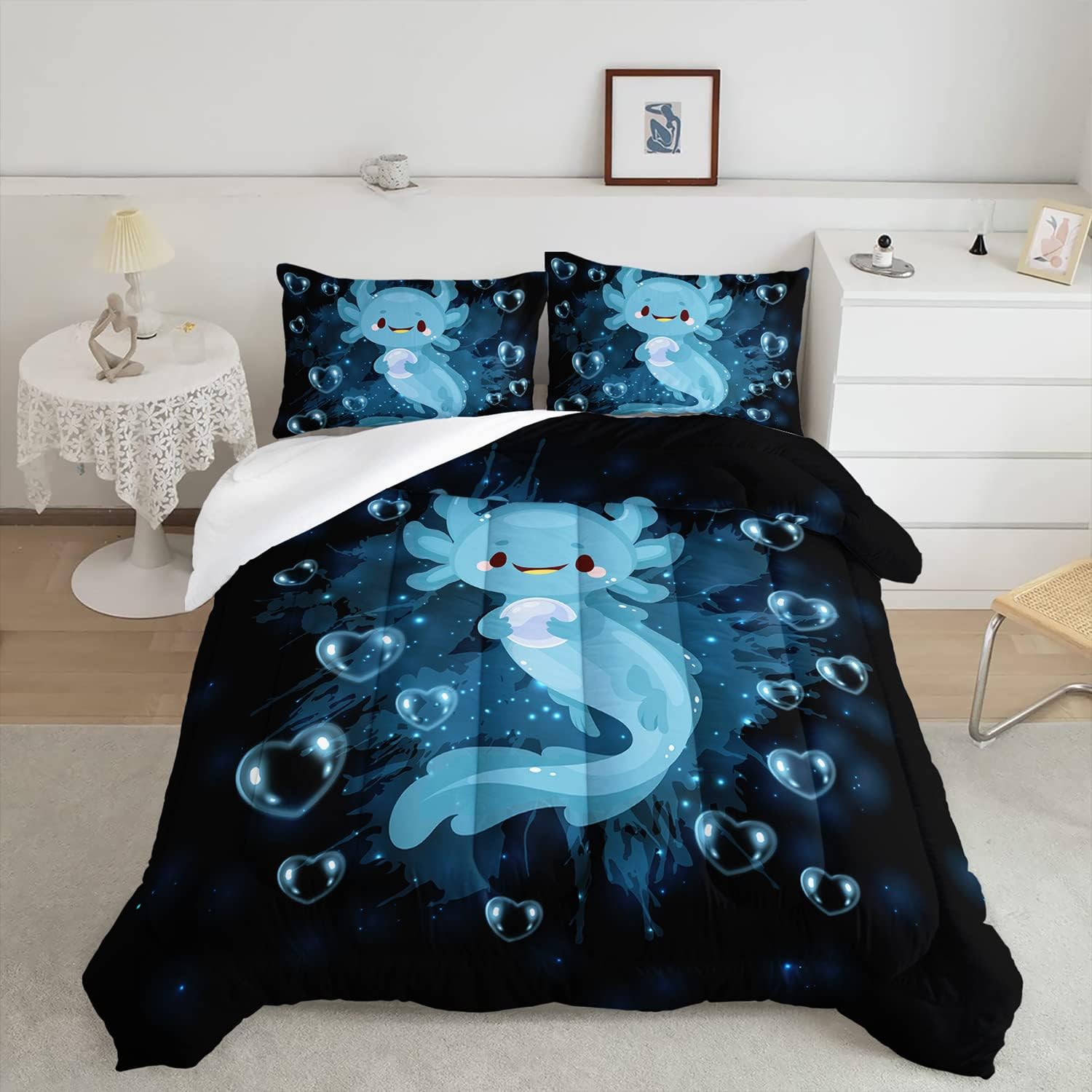 HOSIMA Axolotl Comforter Set Blue Axolotl Pattern Kawaii Bed Set for Kids Bedroom Decor,Twin Bed Set for Girls with 2 Pillowcases.