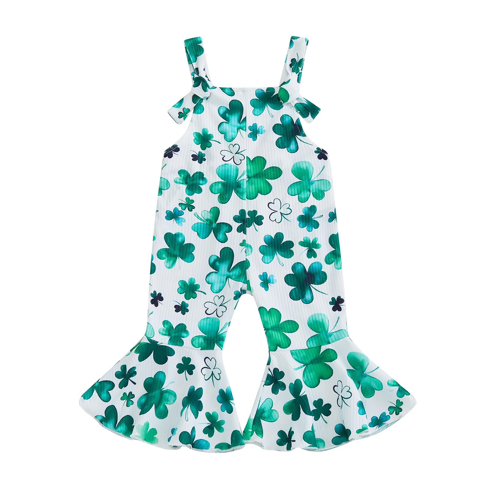 Gueuusu Baby Girl St Patrick's Day Outfit Clover Print Sleeveless Bell Bottom Romper Lucky Overalls Ribbed Flare Jumpsuit (White, 12-18 Months)