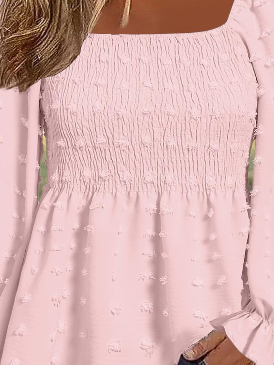 Flamingals Women's Long Sleeve Peplum Blouse Square Neck Cute Elegant Ruffle Smocked Babydoll Shirts - Image 3