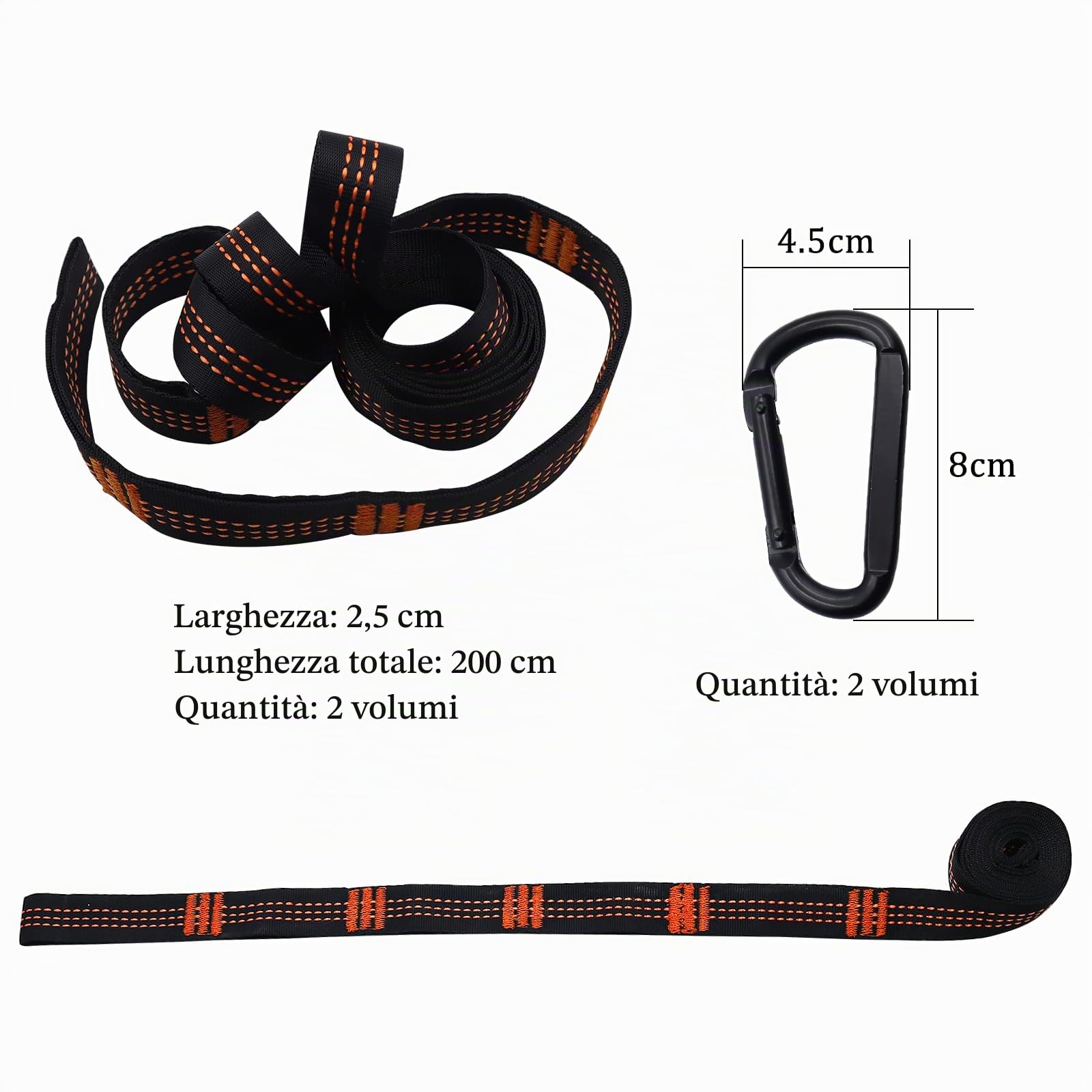 CONNECTION 2 Pezzi Cinghie per Amaca da Campeggio 2 m x 2.5 cm 300 kg con Moschettoni e Custodia