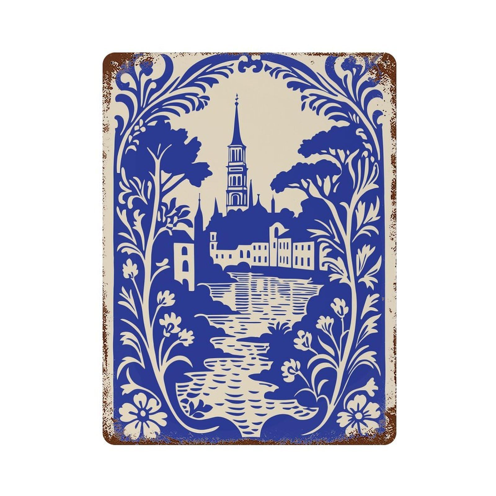 Blue And Beige Landscape Illustration Rusty Metal Tin Sign 15.7"x11.8", Vintage Wall Decor for Garage, Pub Or Kitchen