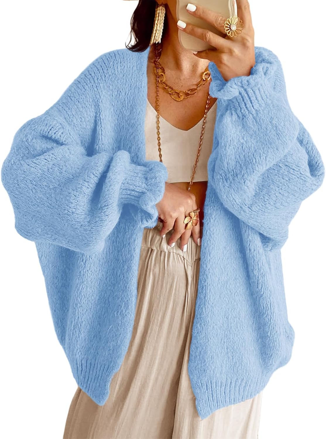 Saodimallsu Womens Oversized Open Front Cardigan Fall Ruffle Lantern Long Sleeve Chunky Knit Loose Sweater Coats
