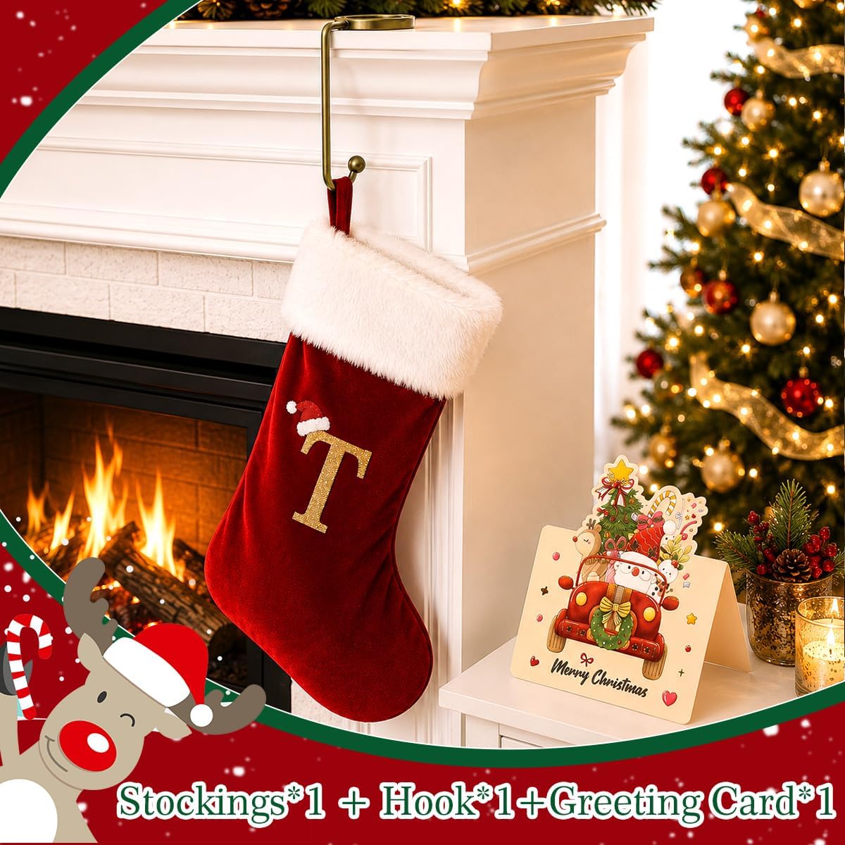 Christmas Stockings with Initials, 20" Velvet Letter Monogram Xmas Stocking