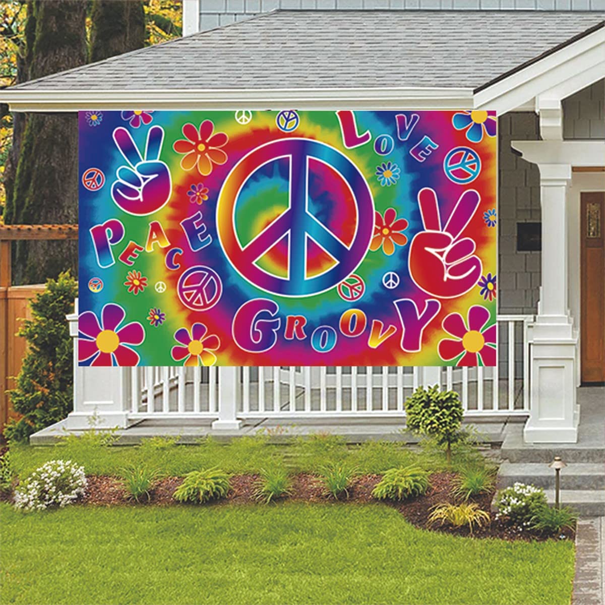 LOONELO Rainbow Retro Hippie Boho Backdrop Banner, 71x44 inch, 60's Carnival Groovy Party Decoration, Polyester, Multi-Occasions