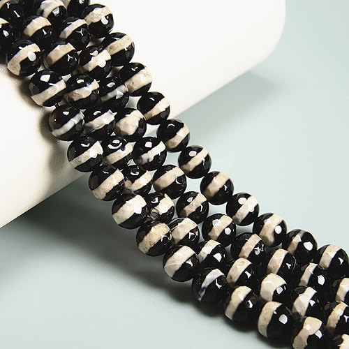 Miniatura 2 de Línea blanca tibetana ágata negra facetada redonda 0.236 in 15.5 pulgadas