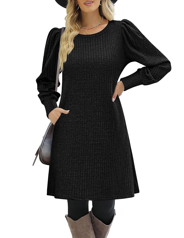 Zeagoo Women Knit Dress Puff Long Sleeve Dress for Fall